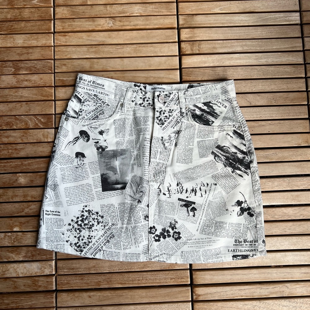 Newspaper print skirt from Reformation